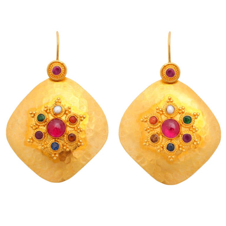 Nine Planet Cushion Shaped Gold Earrings