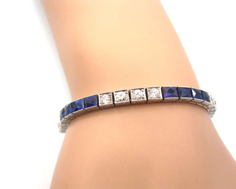 Women's Superb Art Deco Platinum, Diamond & No Heat Natural Sapphire Line Bracelet