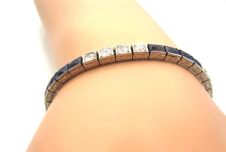 Superb Art Deco Platinum, Diamond & No Heat Natural Sapphire Line Bracelet 1