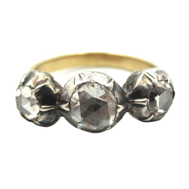 Georgian Era Three Stone Rose Cut Diamond Silver Topped Yellow Gold Ring