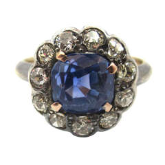 Antique Victorian No Heat Sapphire Old Cut Diamond Silver Gold Cluster Ring