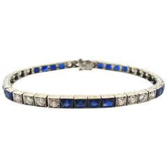 Superb Art Deco Platinum, Diamond & No Heat Natural Sapphire Line Bracelet