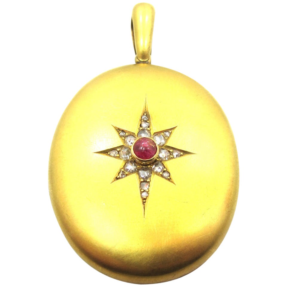 Victorian Era Ruby Diamond Yellow Gold Starburst Locket