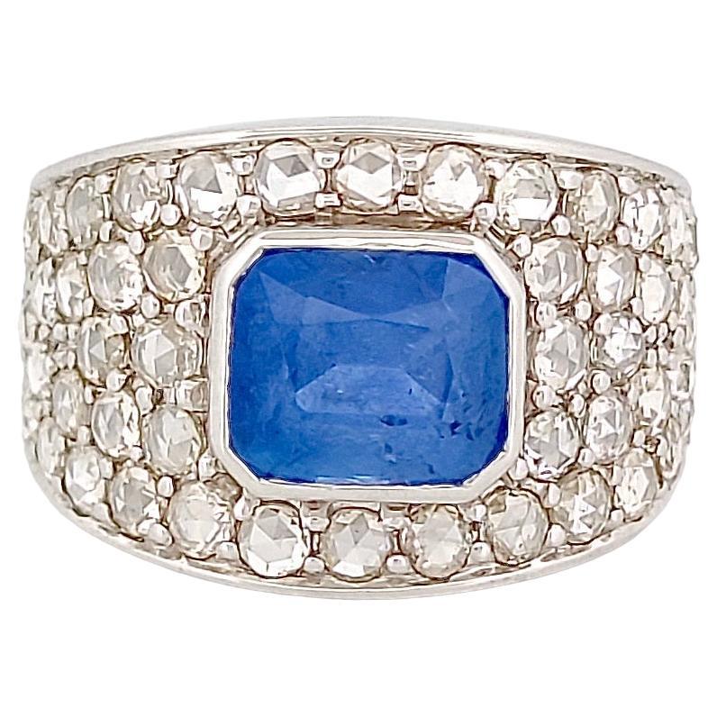 Men's 3.56 Carat Ceylon Sapphire Ring with Rose Cut Diamonds in 14k White Gold  For Sale