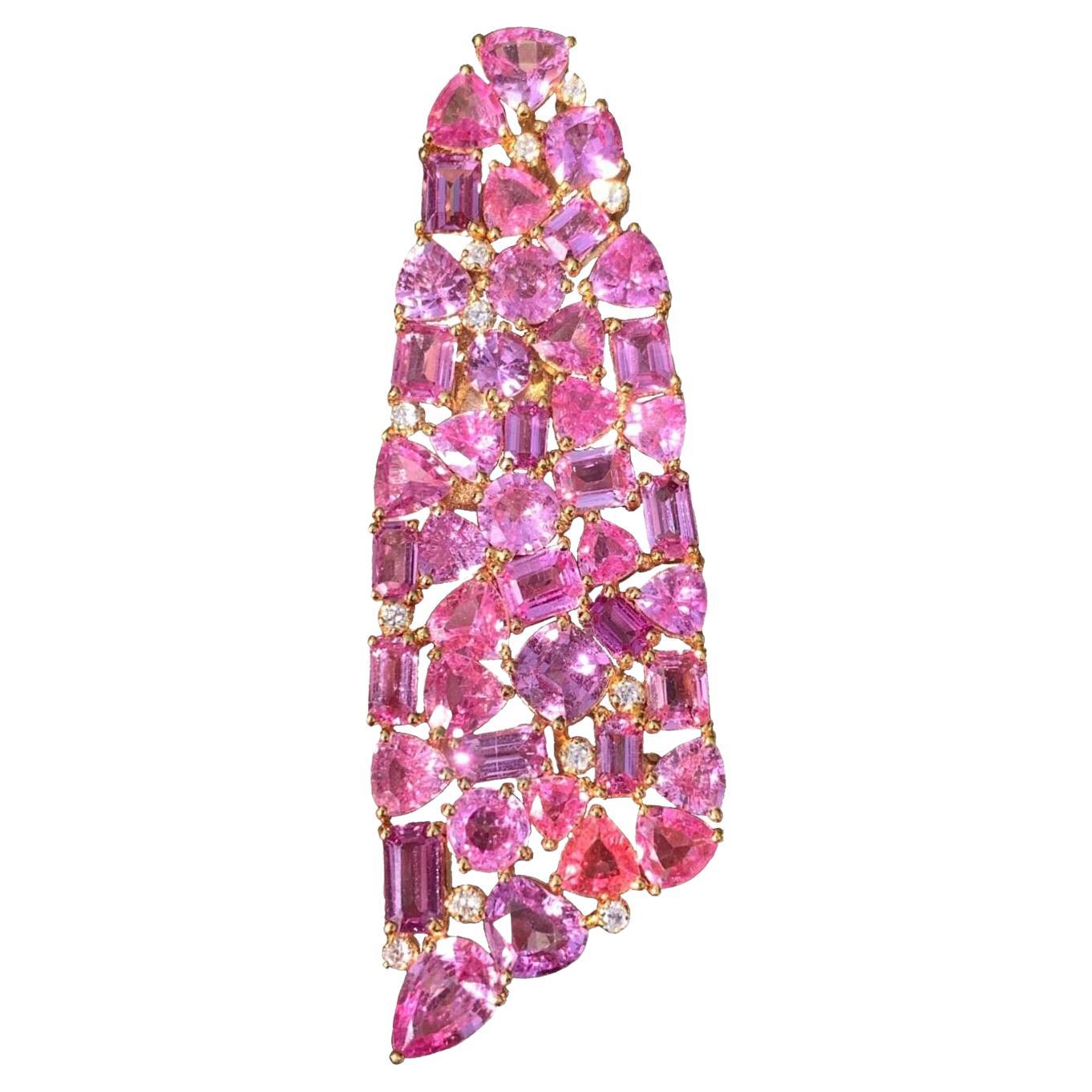 12.97 Carat Pink Sapphires & OMC Diamond Brooch Lapel Pin in 18k Yellow Gold For Sale