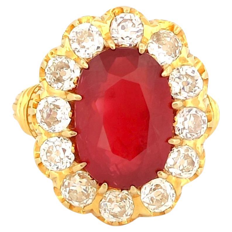 GIA cert No-Heat 6.26 Carat Mozambique Ruby Art Deco Ring in 18k Yellow Gold For Sale