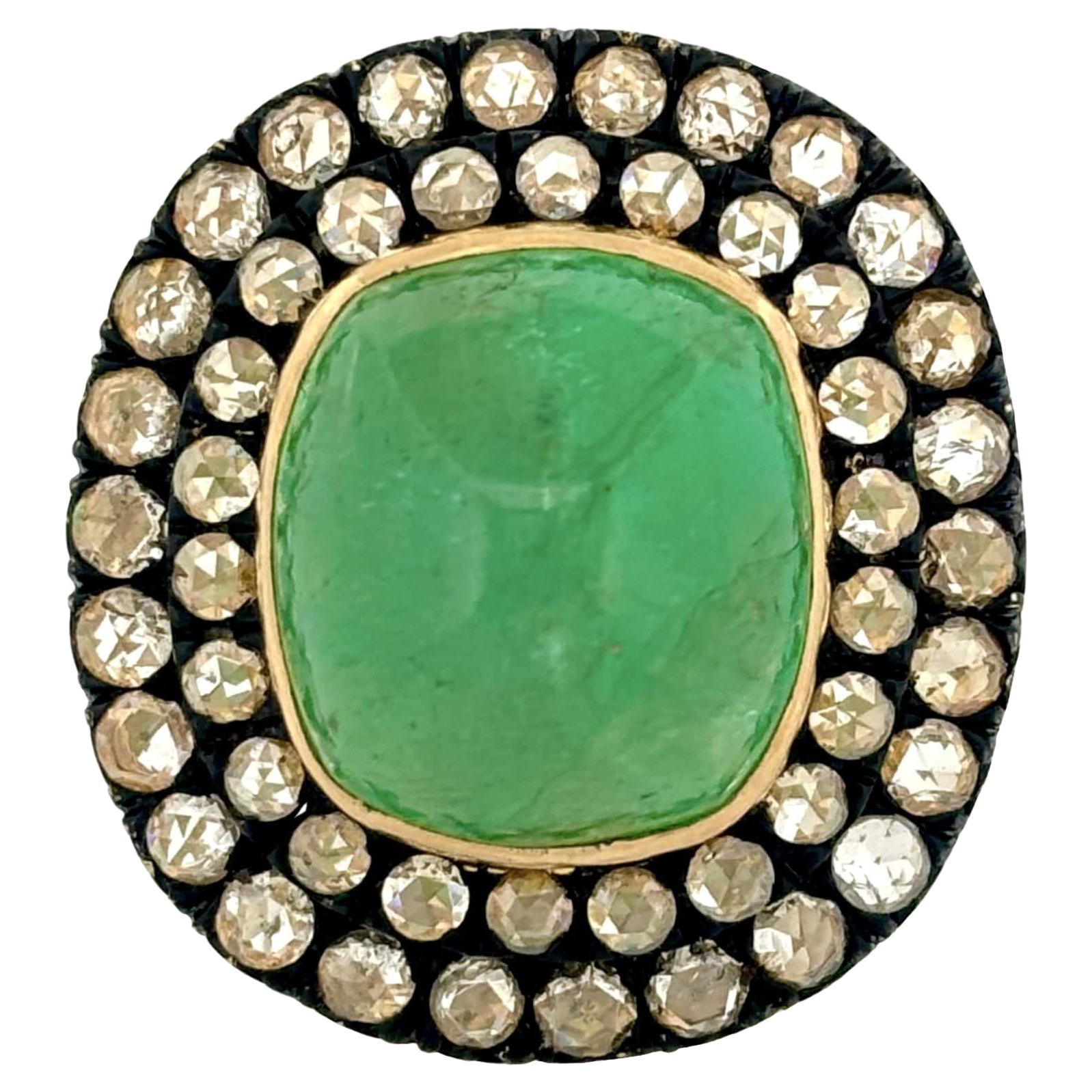 15.22 Ct Sugarloaf Emerald & Rose Cut Diamonds studded 14K Yellow Gold Ring For Sale