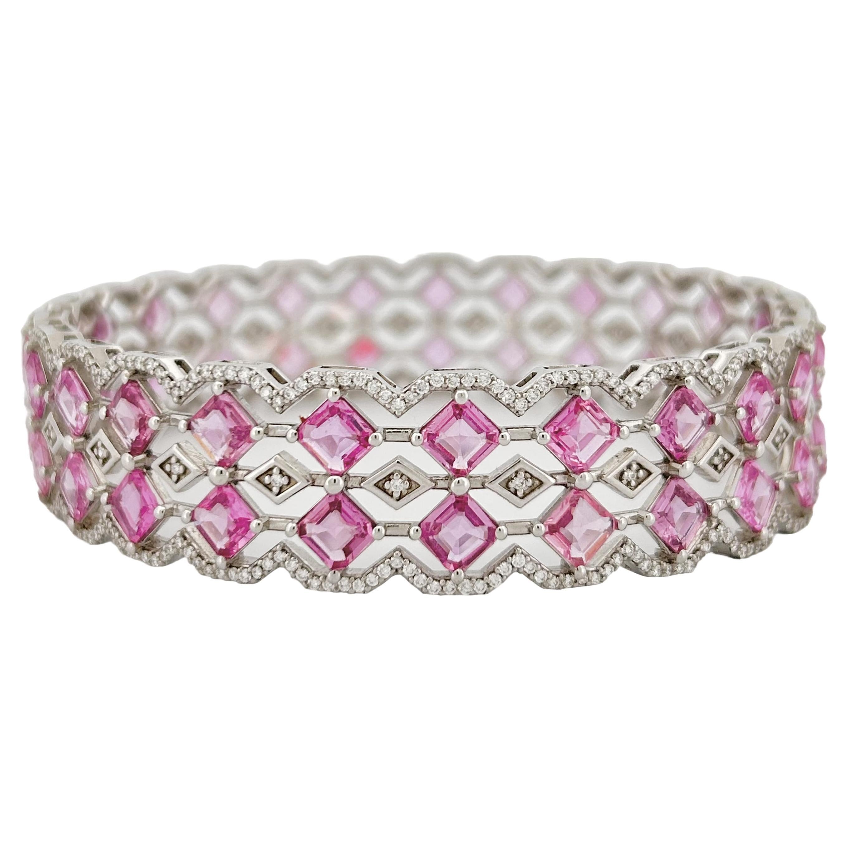 26.96 Ct Pink Sapphires & Diamonds Studded Statement Bangle in 18K White Gold