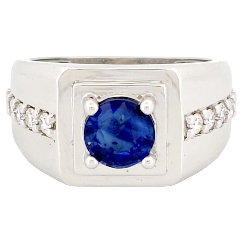 Men's 1.37 Ct Ceylon Blue Sapphire Ring in 18K White Gold For Sale
