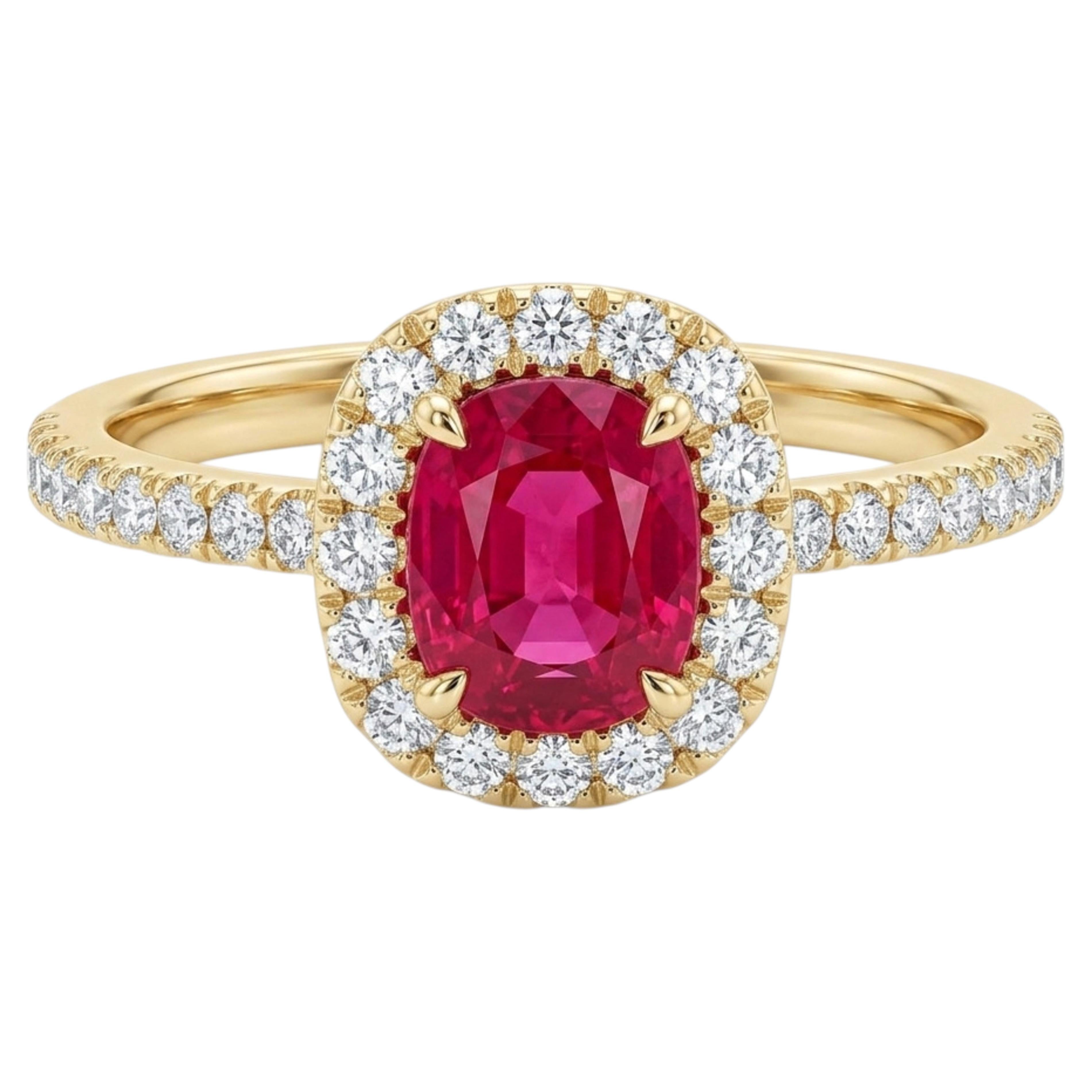 Raja's Empire – Rubin- und Diamant-Halo-Ring mit 1,01 Karat in 9-karätigem Gelbgold