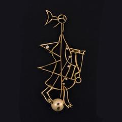 1963 Georges Braque Brilliant Cut Diamond Gold  "Hermes" Brooch