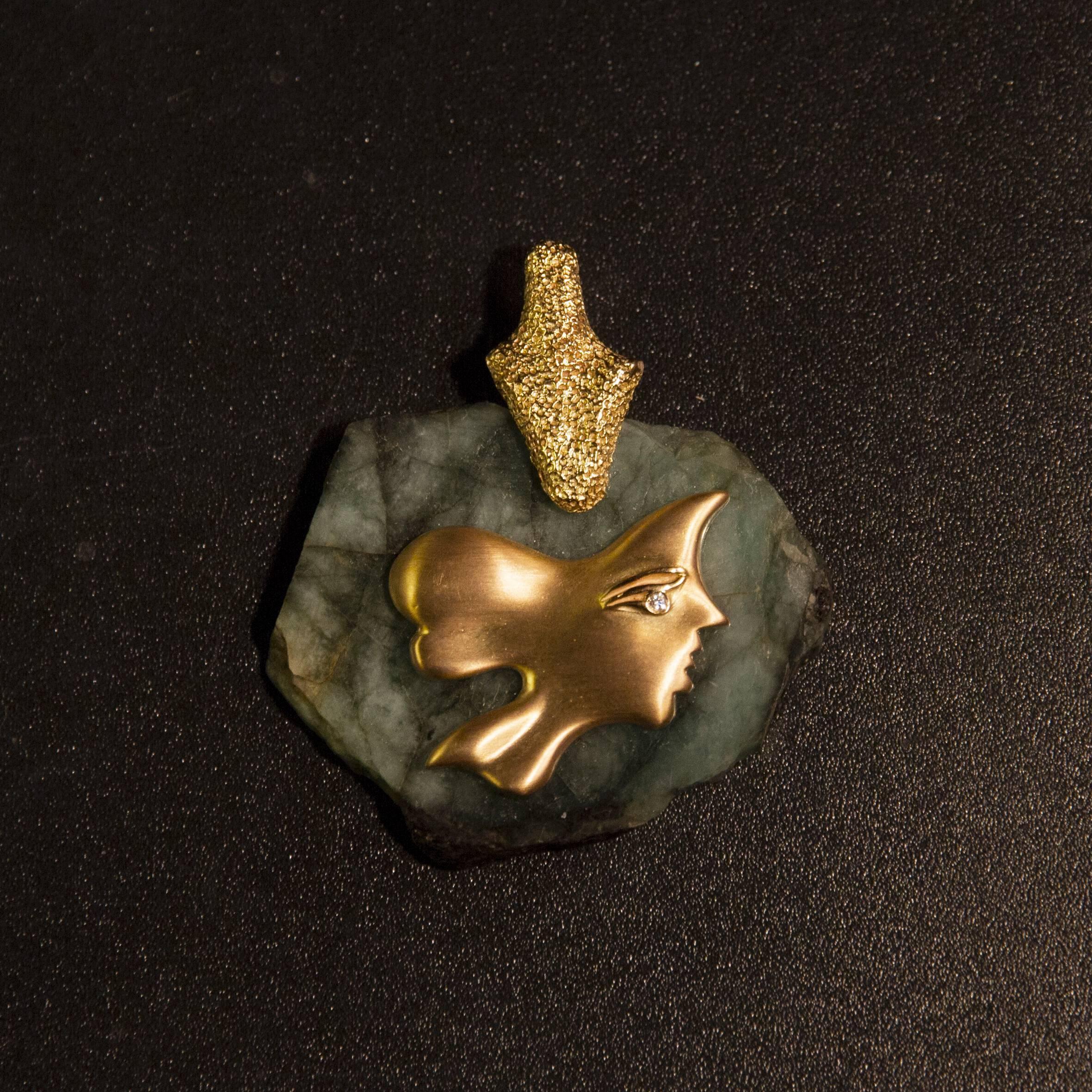 Rare 18K Gold (Marked) & Brilliant Cut Diamond on Emerald (70 cts) Pendant by Georges Braque (1882-1963), inventor of cubism.
It is Signed "Bijoux de Braque" and numbered EA ("Epreuve d'artiste" for artist proof) I/IV.
The