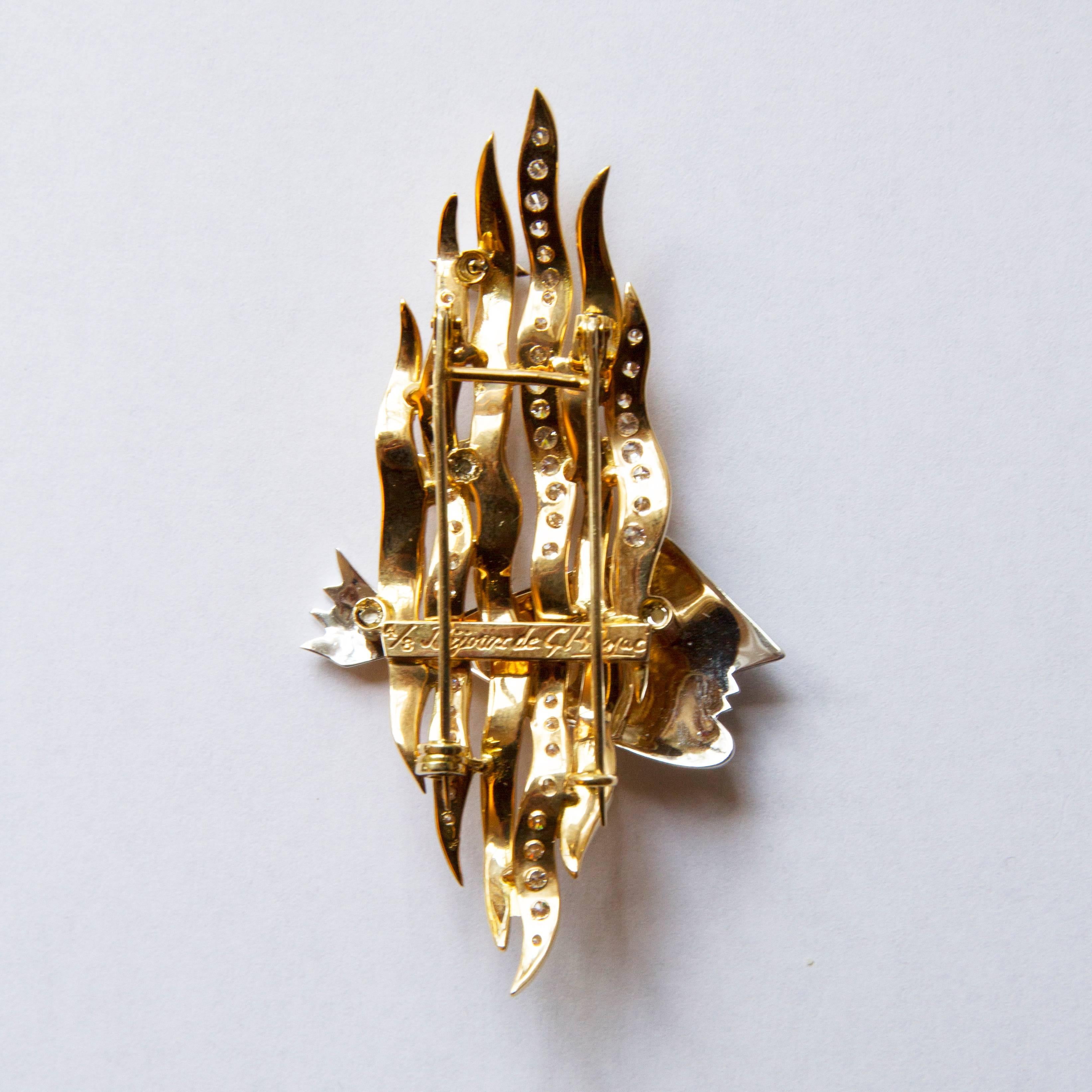 Modern 1963 Georges Braque Yellow and White Gold and Cut Diamonds Brooch 