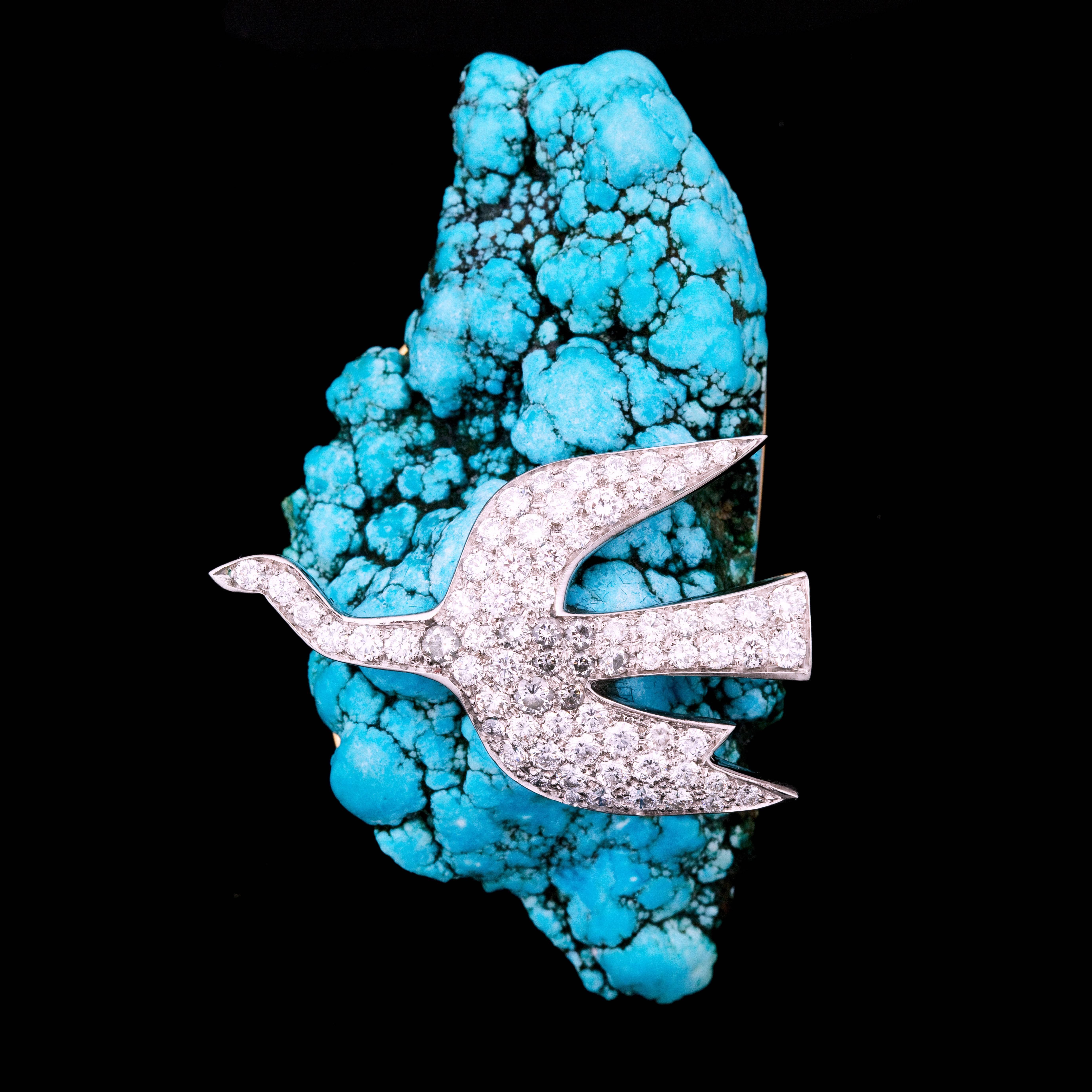 Express Shipping insured during the Lockdown

Rare Turquoise, Platinium  and Roundcut Diamonds brooch by Georges Braque (1882-1963), inventor of cubism. The attach is in gold.
The Brooch is Signed 