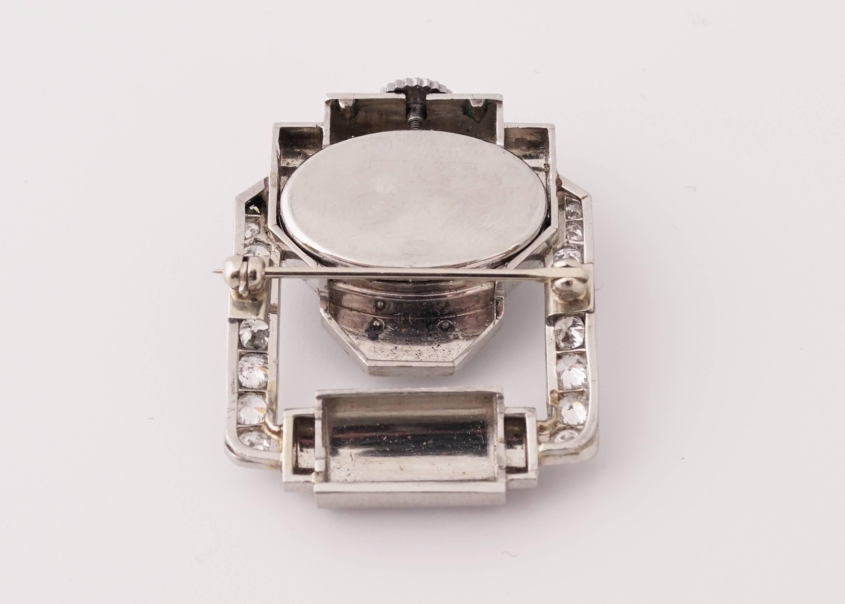 Women's or Men's Van Cleef & Arpels, Verger Frères Art Deco Platinum and Diamond Brooch Watch