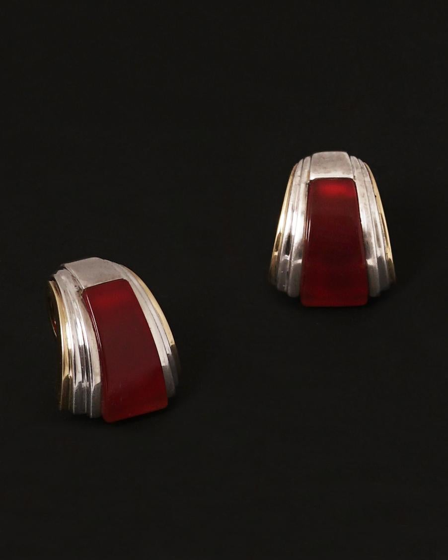 Trapezoid Cut Puiforcat, Gold Silver and Carnelian Clip-On Earrings, circa 1970