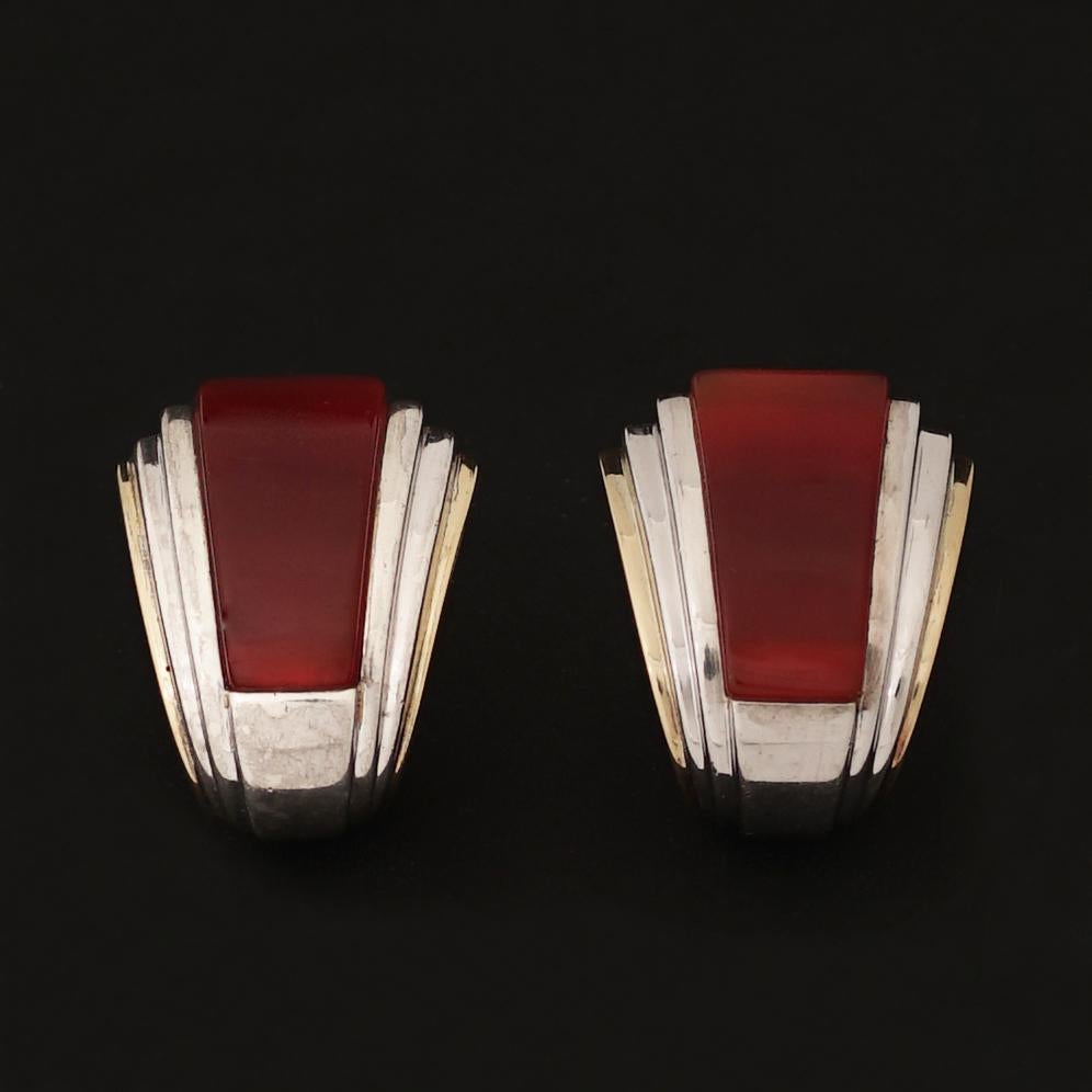 Art Deco Puiforcat, Gold Silver and Carnelian Clip-On Earrings, circa 1970