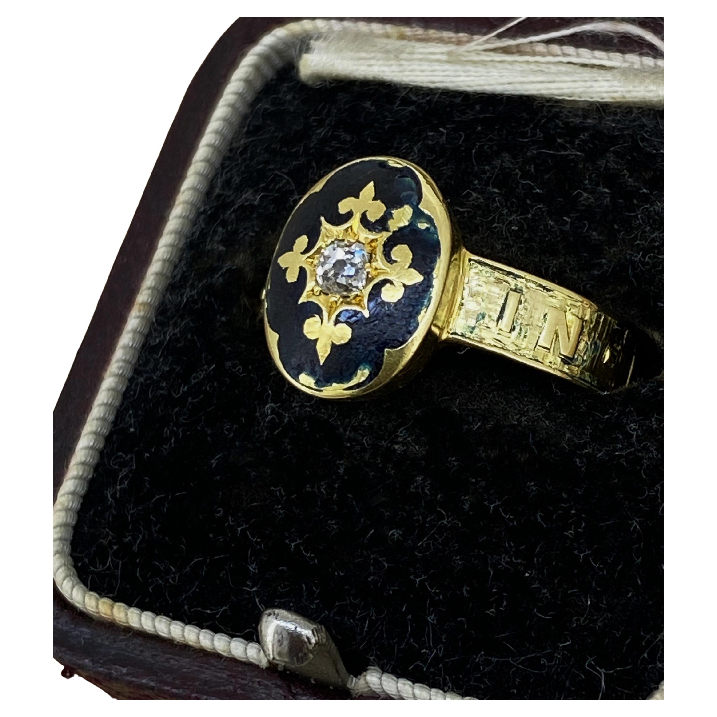 Antique Victorian 18k Gold, Black Enamel & Old Cut Diamond Mourning Ring, C 1884