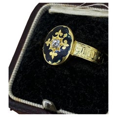 Antico anello vittoriano in oro 18k, smalto nero e diamanti antichi, C.C. 1884