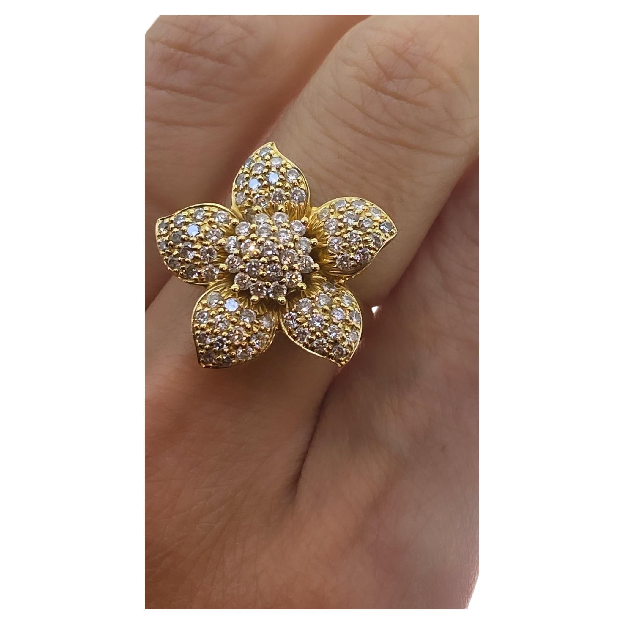 Visually striking & reminiscent of a famous designer, 
this superb ring is crafted in 18K Yellow Gold
with remarkable attention to details:

Designed as a flowerhead, 
centering a cluster of round brilliant cut diamonds of 
sunlike brilliance to