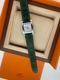 Hermes Diamond H Hour Heure Watch Raspberry Pink Crocodile Strap