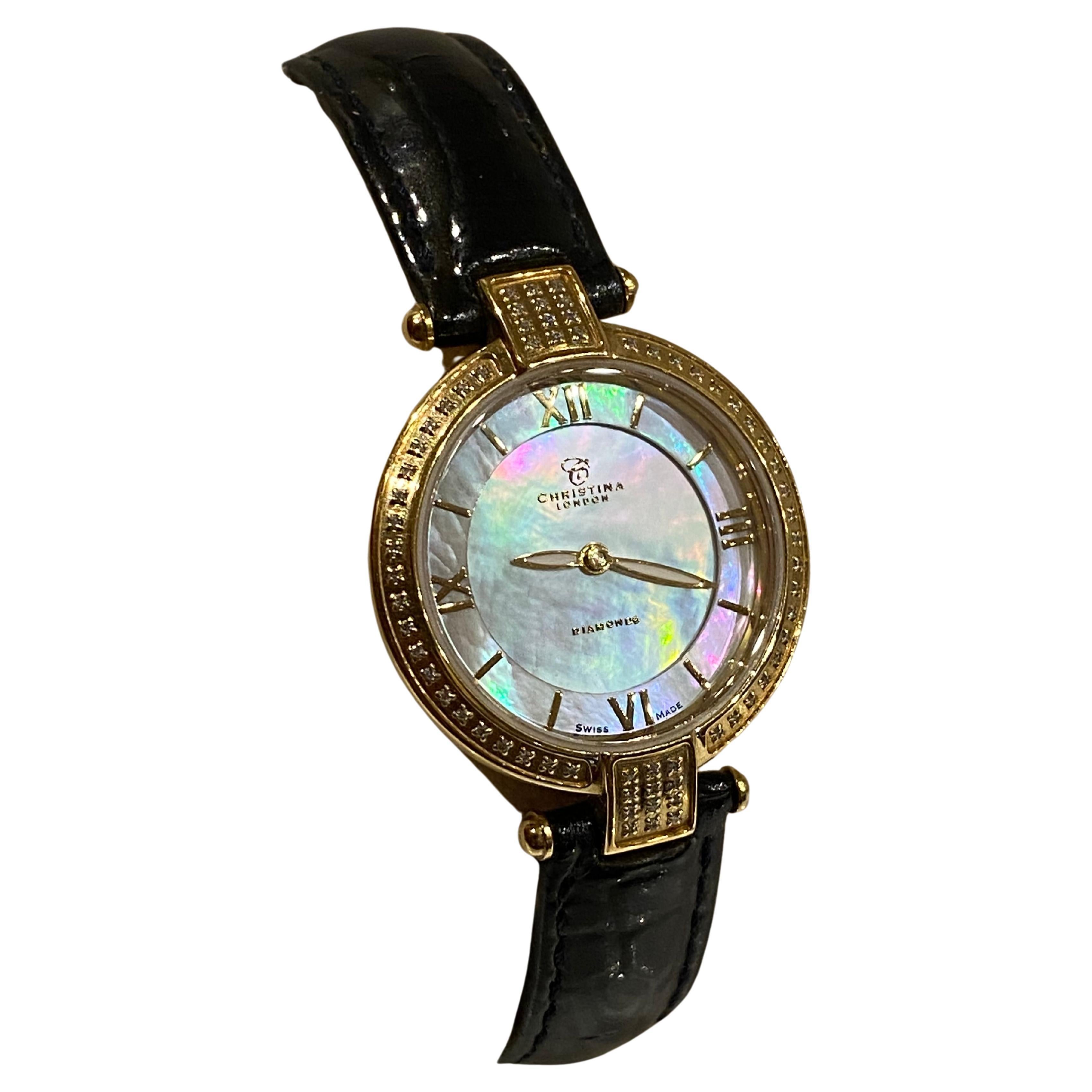 Christina London Diamond Bezel Iridescent Dial 18K Gold-Plated Ladies' Watch For Sale