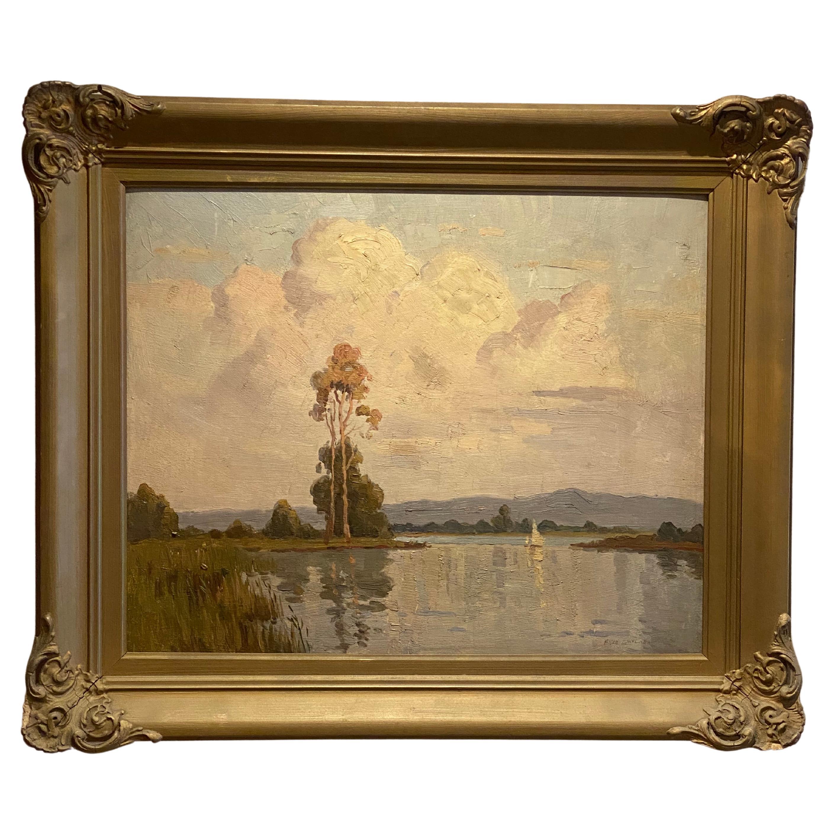 Painting River Lake by Erik Langker. Oil on board. Measurements: 63cm x 53cm. For Sale
