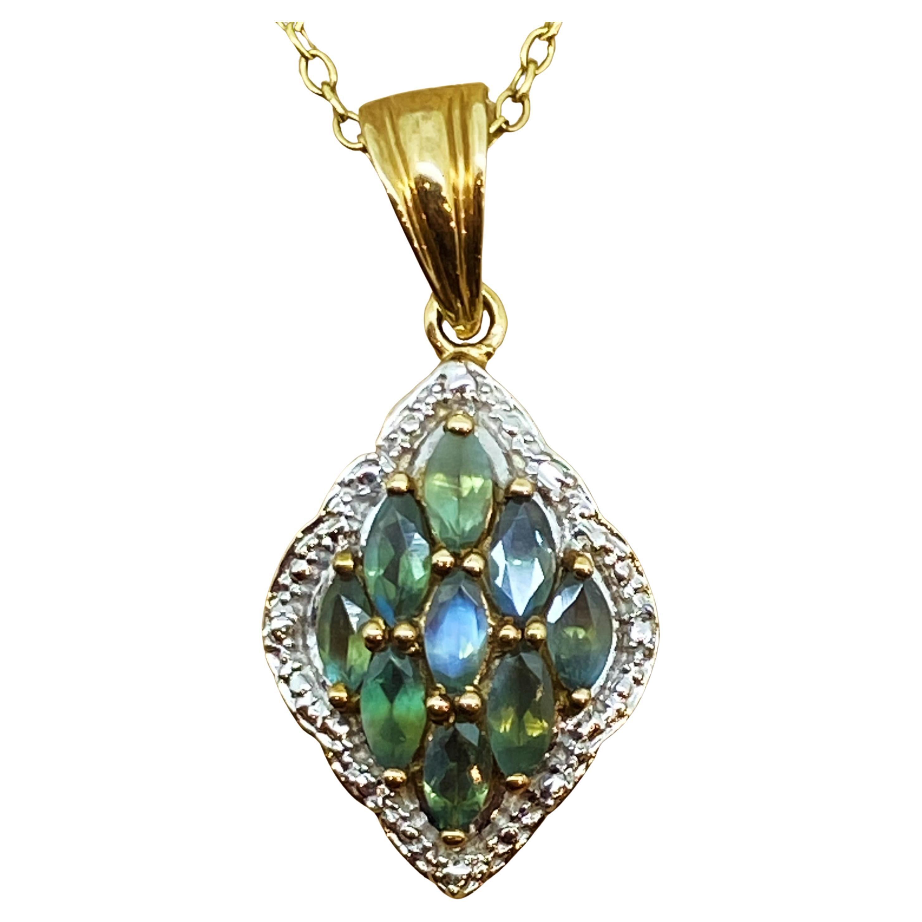 1.20ct Bluish Green Cluster Sapphire Pendant in 9K Rose 
White Gold + Chain For Sale