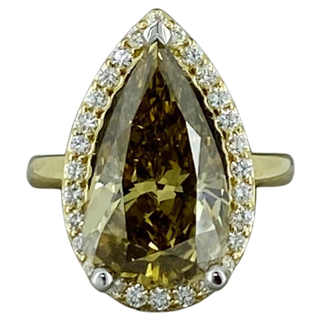 6.36ct Fancy Brownish Yellow Natural Pear Cut Diamond Ring in 18K Yellow Gold For Sale 1