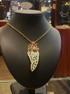 Superb Jade Carving Pendant in 18K Gold, Set with Diamonds & Tourmalines + Chain
