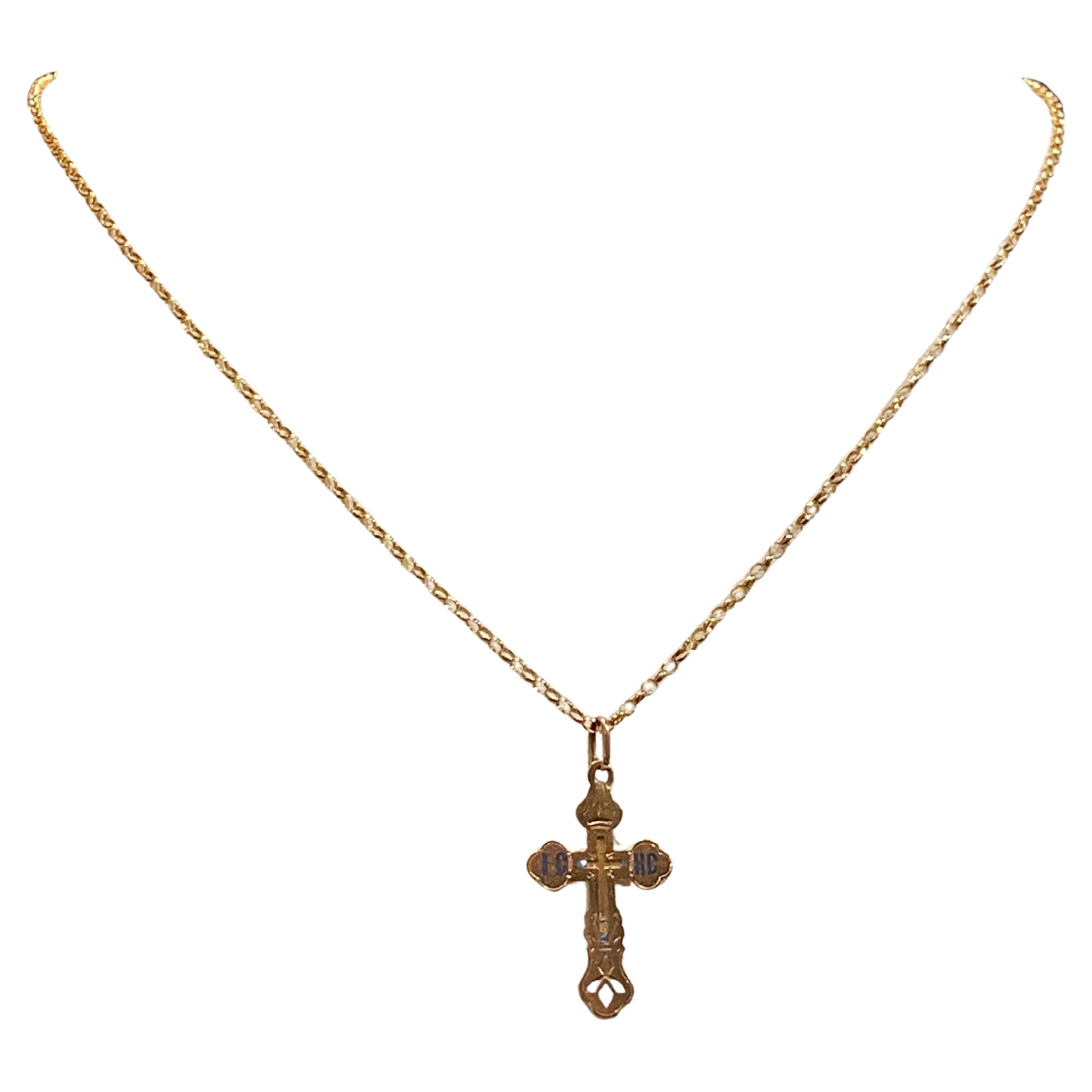 Antique Imperial Russia 56 Gold Crucifix Cross Pendant on Art-Deco 53.5cm Chain For Sale