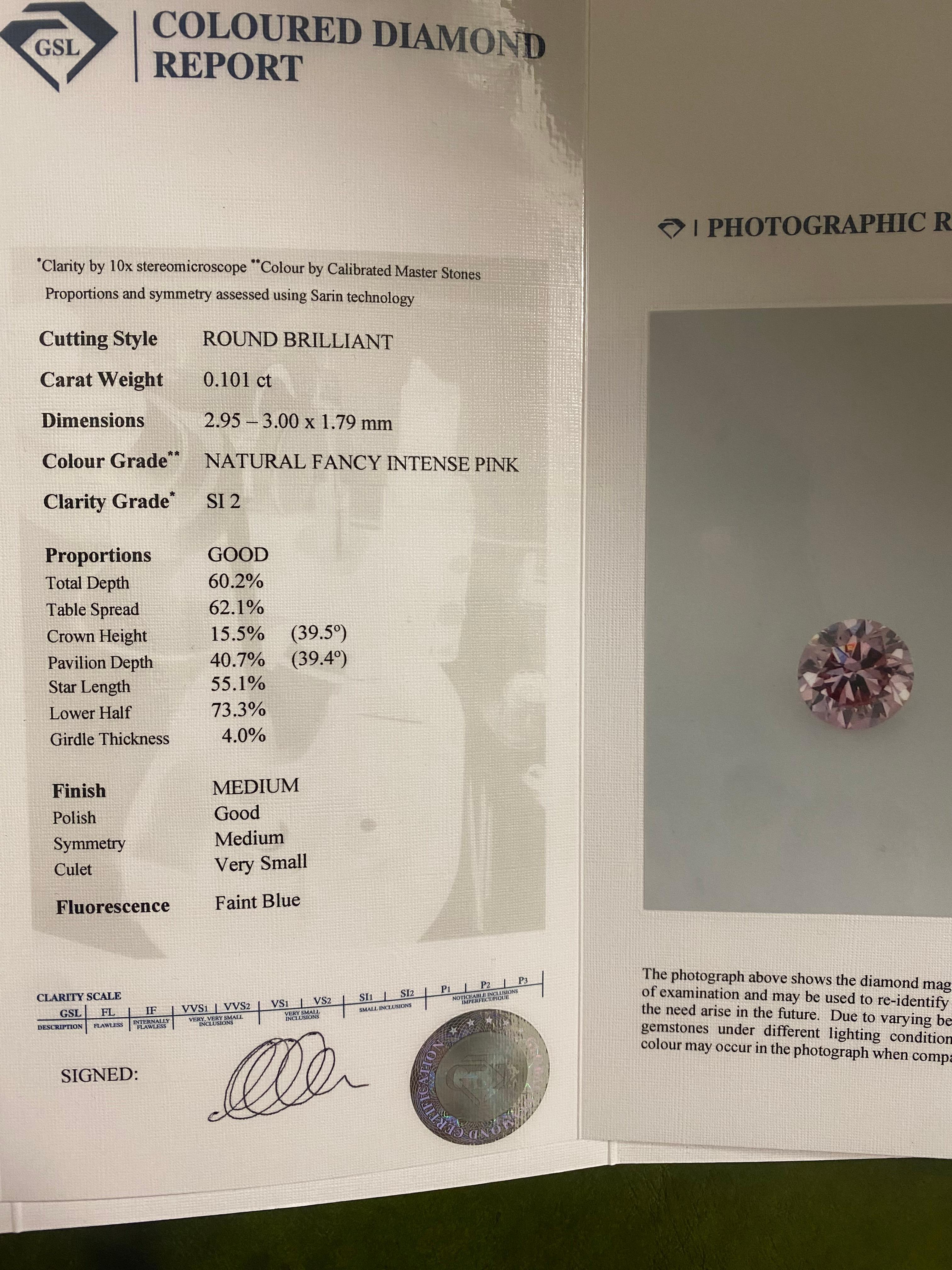 Nature Argyle (WA) Fancy Intense Pink 4P Diamante sfuso di 0,101ct + GSL. in vendita 3