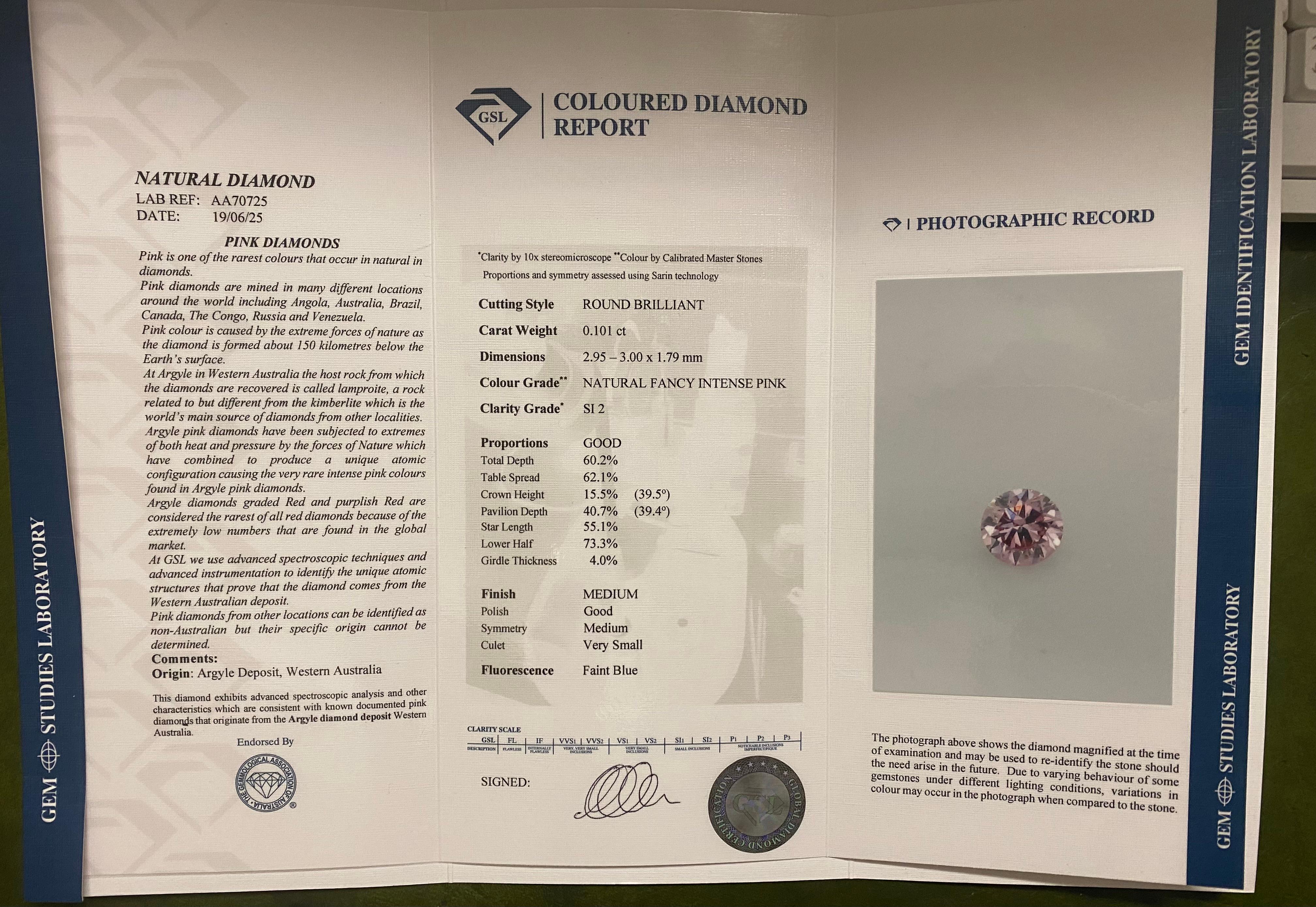 Nature Argyle (WA) Fancy Intense Pink 4P Diamante sfuso di 0,101ct + GSL. in vendita 2