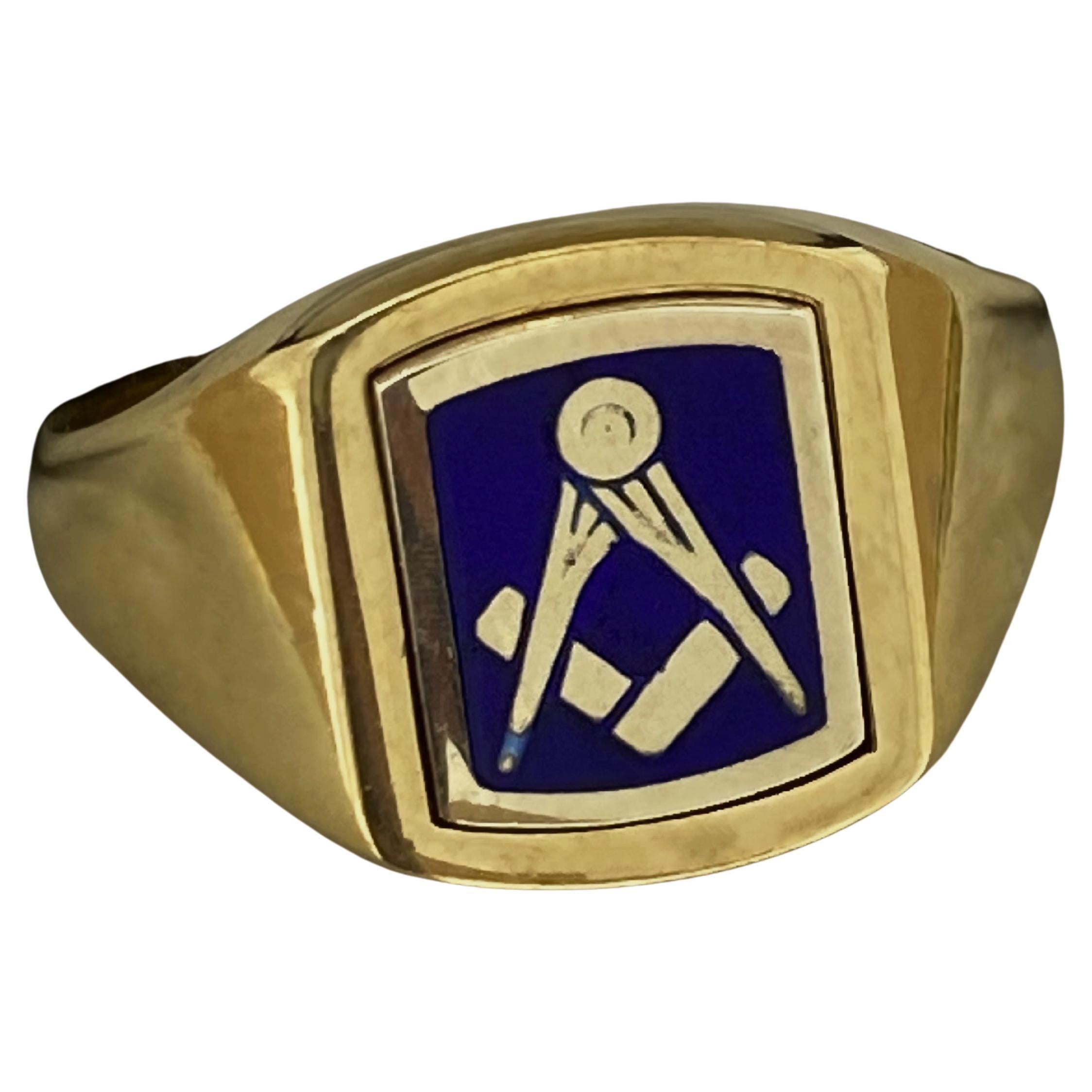 Bague de signet pour homme en or jaune et blanc 9K, émail bleu, gravée par les francs-maçons