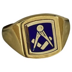Anello massonico da uomo in oro giallo e bianco 9K con smalto blu e firma inglese incisa