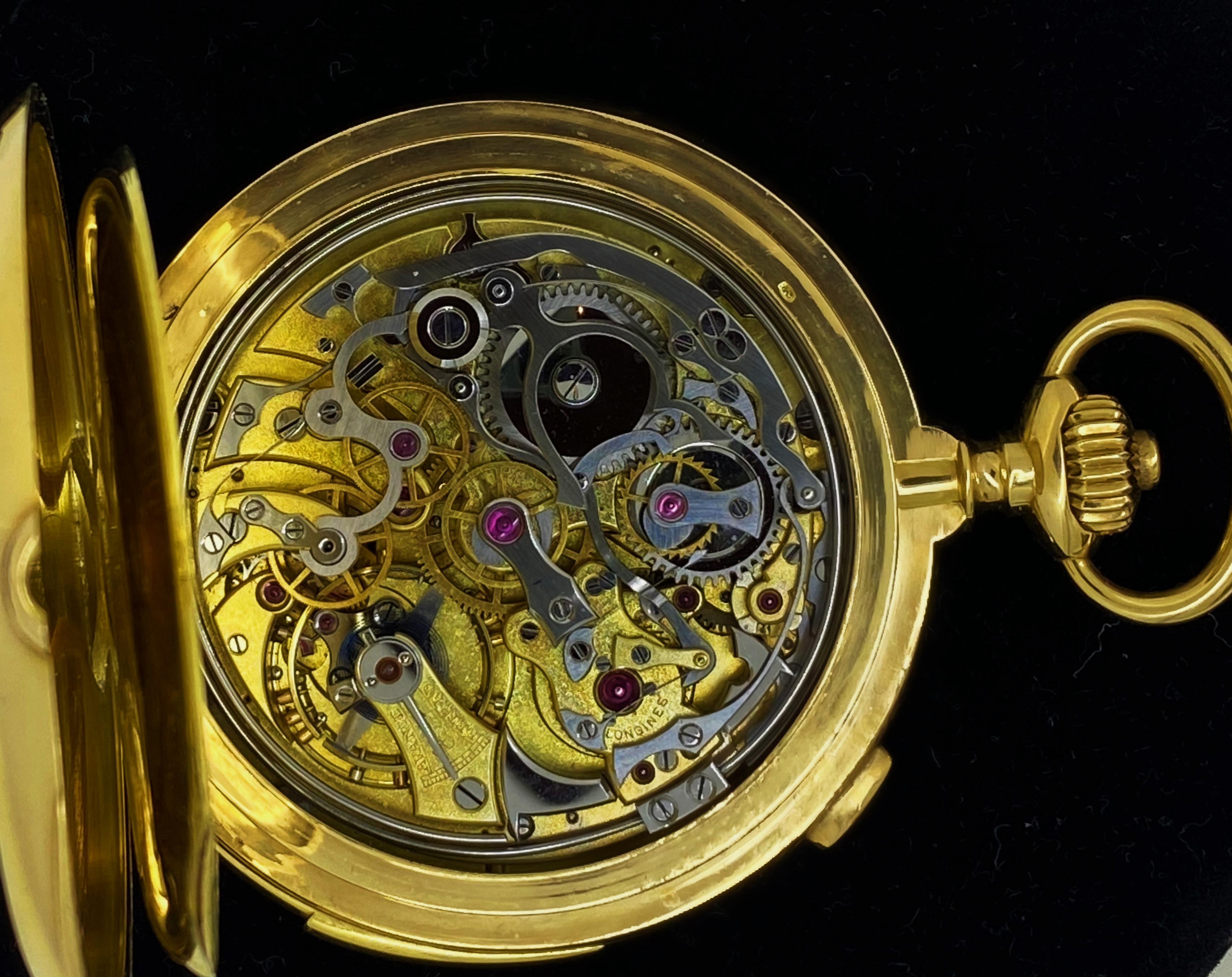 Montre de poche Longines Chronographe Répétition Minutes en or 18 carats, extrait d'archives Excellent état - En vente à MELBOURNE, AU