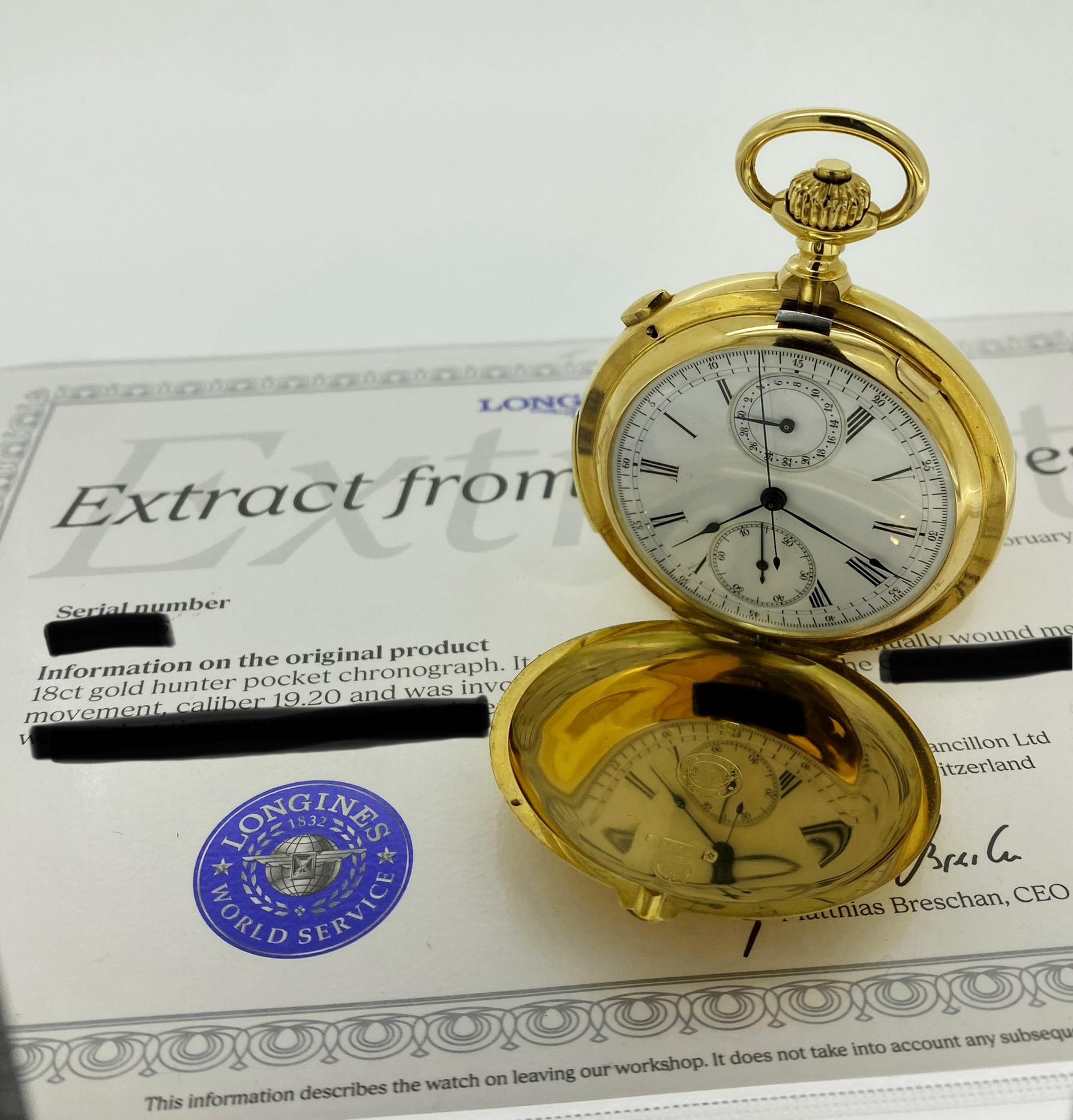 Art déco Montre de poche Longines Chronographe Répétition Minutes en or 18 carats, extrait d'archives en vente