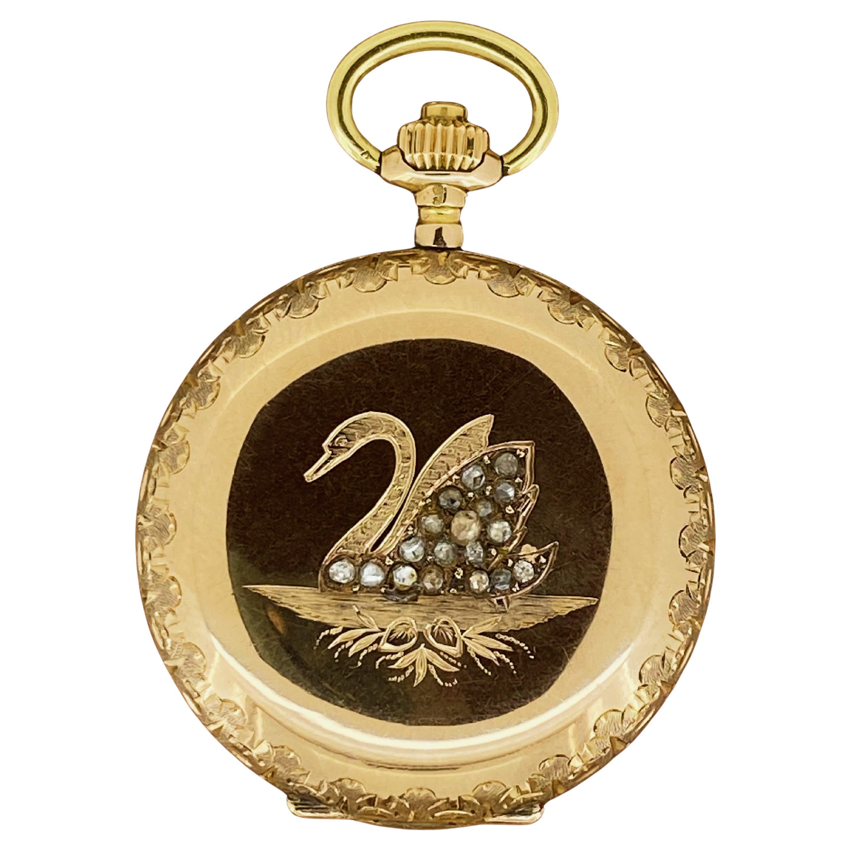 Reloj de bolsillo de señora con motivo de cisne en oro rosa de 14 quilates 56 y diamantes talla rosa en venta