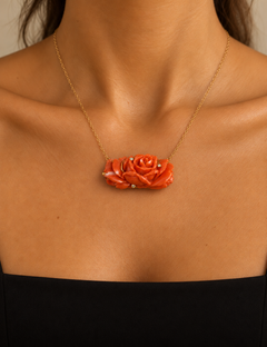 Mediterranean Natural Red Rose-Shaped Carved Coral, Diamond, 18K Gold Necklace
