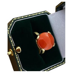 Natural Mediterranean Orange Red Round Big 14mm Cabochon Coral Ring in 18K Gold