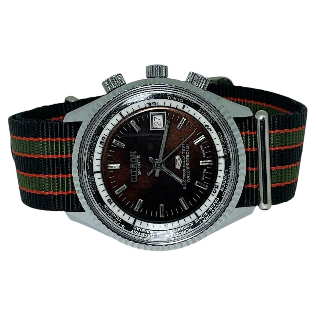 Citron Sports World Time Swiss Manual Watch. Chocolate Dial, Engine Turned Bezel For Sale