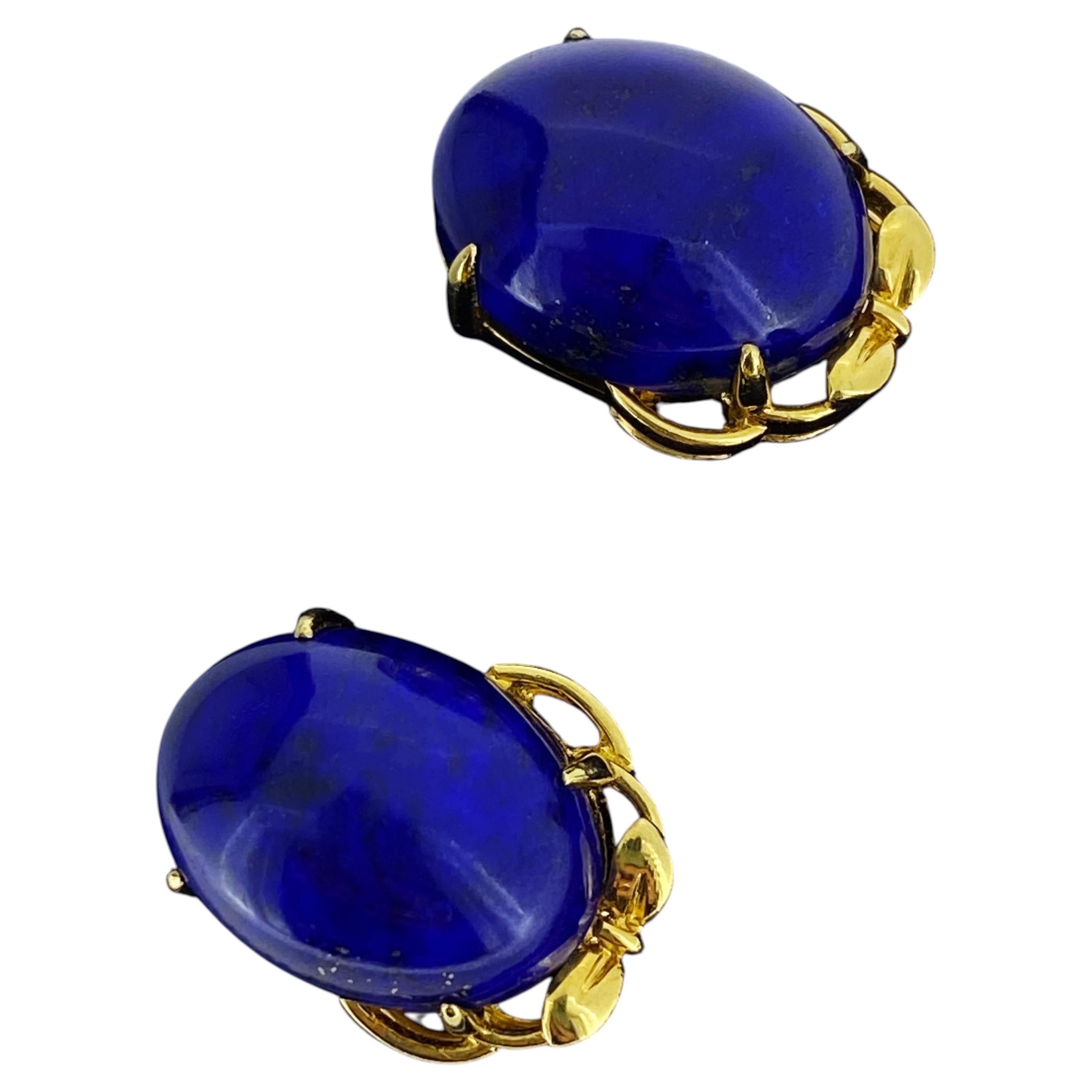 Natural Royal Blue Lapis Lazuli (Oval Cabochon) & 18K Yellow Gold Stud Earrings For Sale