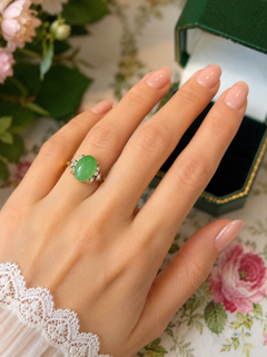 Natural Apple Green Burmese Jadeite, Diamond, 18K Yellow Gold Vintage Dress Ring