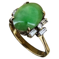 Natural Apple Green Burmese Jadeite, Diamond, 18K Yellow Gold Vintage Dress Ring
