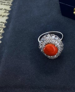 Natural Mediterranean Angel's Skin Soft Salmon 11mm Coral, Diamond 18K Gold Ring