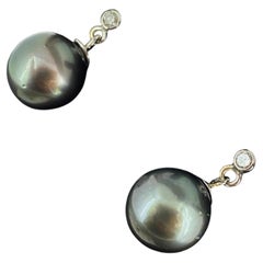 12mm Tahitian Pearl & Diamond 18K White Gold Drop / Dangle Earrings