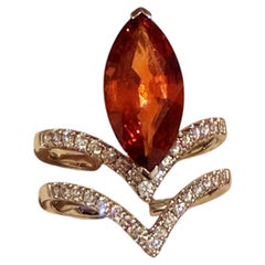 3.70ct Marquise Cut Natural Orange Garnet, Diamond, 18K White Gold Cocktail Ring