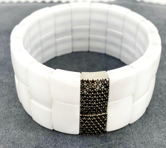 Roberto Demeglio White Ceramic, 18K Gold & Black Diamond 30mm Wide Brick Bangle.