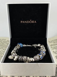 Pandora 925 Sterling Silver Charm Bracelet, 20 Charms, Blue Stones.Original Box.
