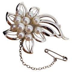 6mm Cultured Pearl (x11) 925 Sterling Silver Floral Motif Large Vintage Brooch